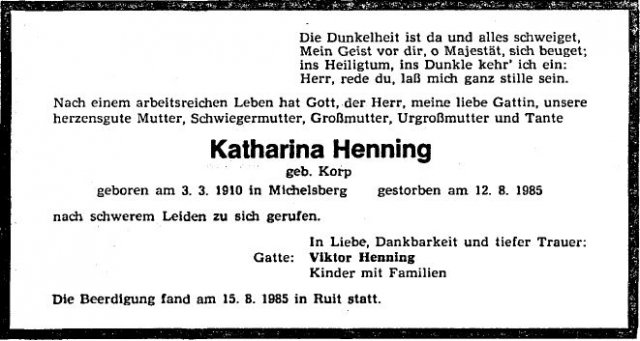 Korp Katharina 1910-1985 Todesanzeige